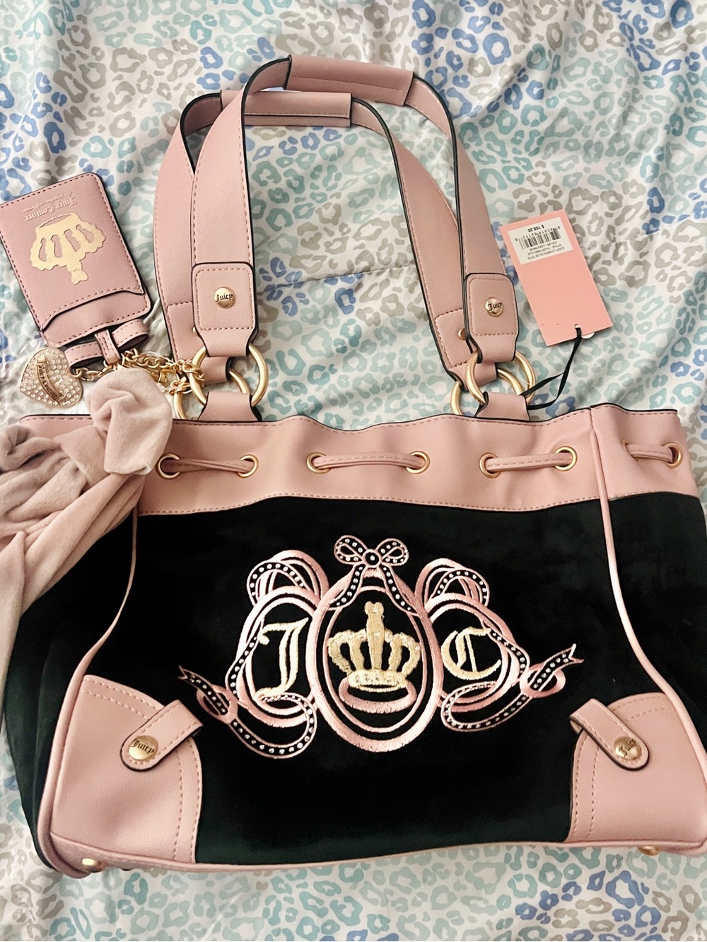 New Pink Black Juicy Couture Purse Daydreamer Velour Shoulder Bag Tote + Wallet